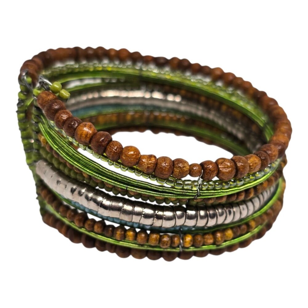 Boho Memory Wire Wrap Bracelet Green Wood Bead Multi Strand Coil - Picture 4 of 6
